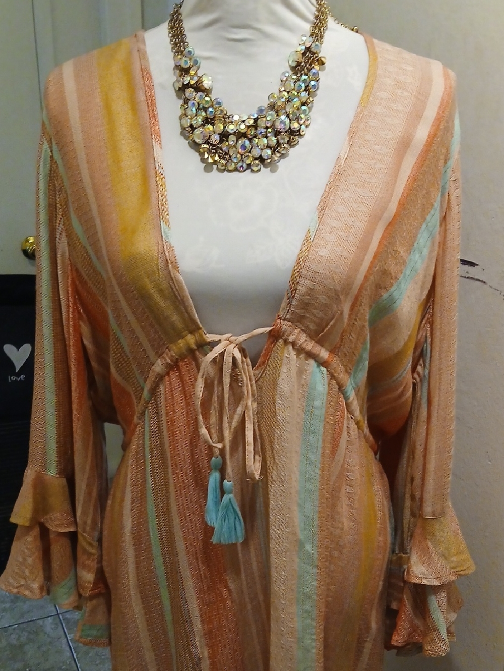 Blue Island Striped Tie-Front Boho Tunic in Peach, Aqua & Golden tones